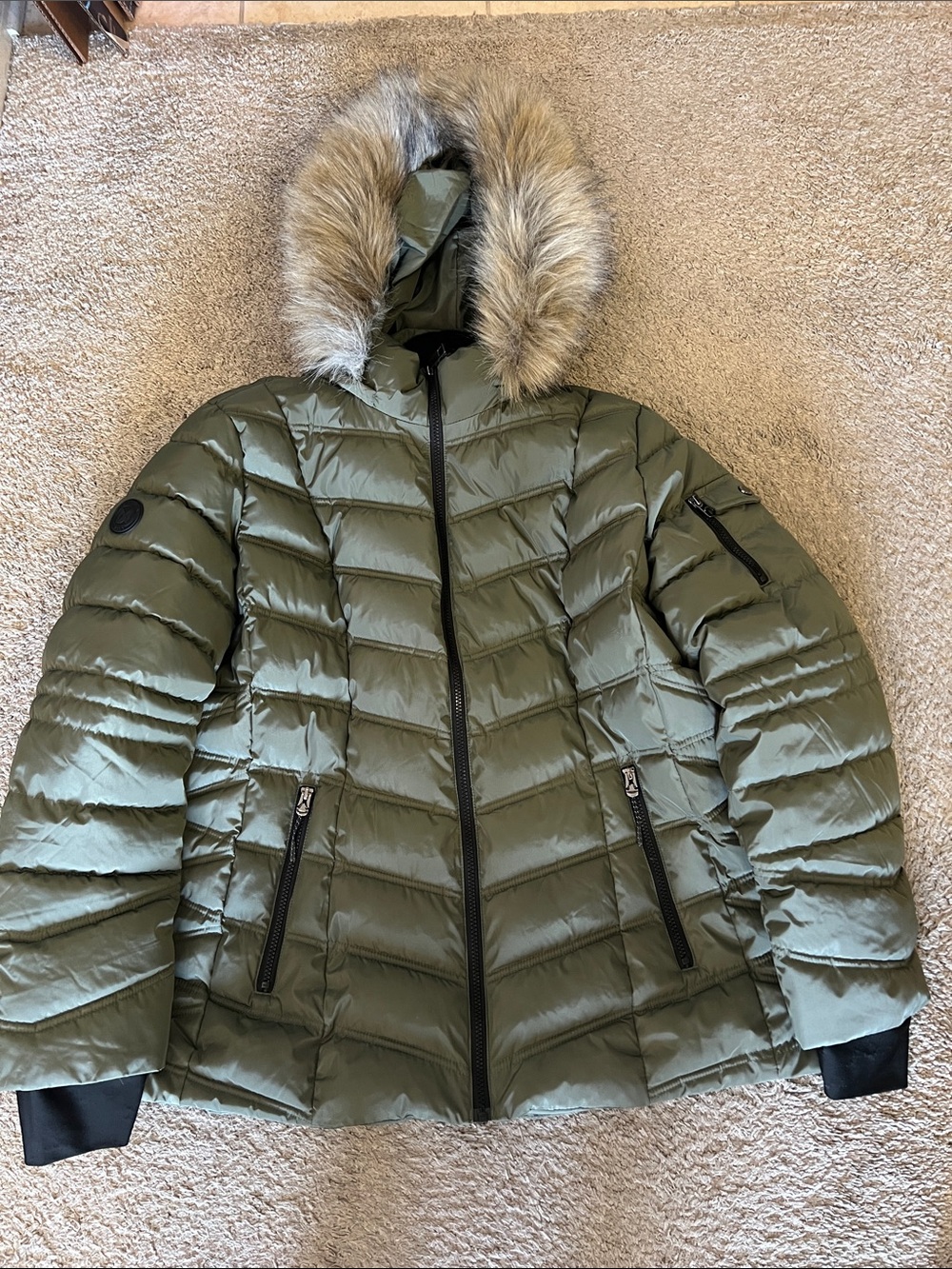Women’s Nautica Olive Green Quilted Puffer Jacket with Faux Fur Hood size XXL